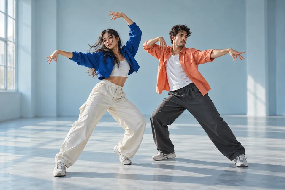 Concept of two dancers on a coral and cobalt rehearsal stage